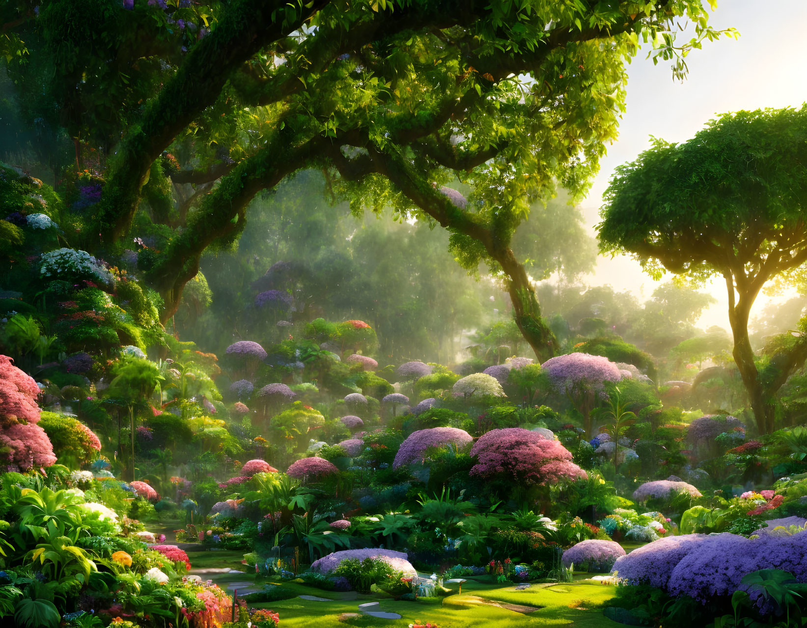 Vibrant flowers in misty garden with sunlight filtering through trees