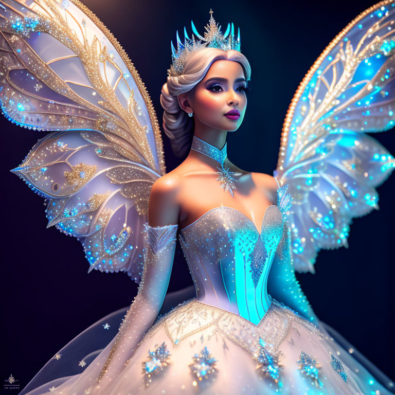 Regal fantasy figure in ornate gown with luminous butterfly wings