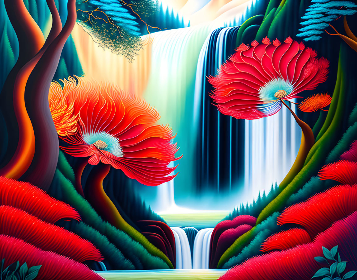 Surreal landscape with oversized red flowers and waterfalls