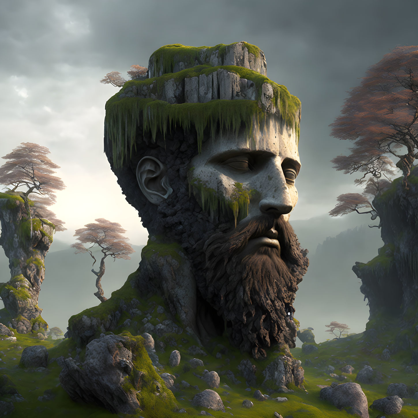 Giant Stone Head Covered in Greenery in Mystical Landscape