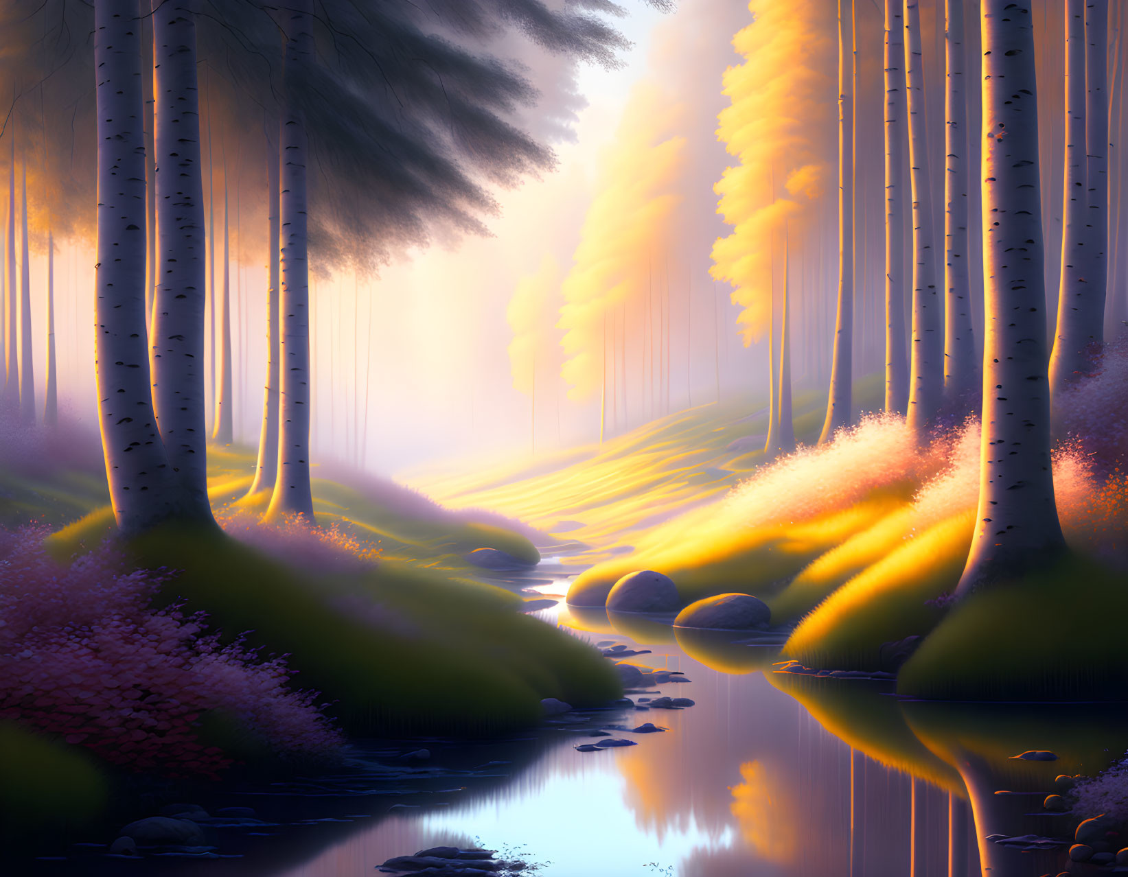 Tranquil forest stream illuminated by sunlight