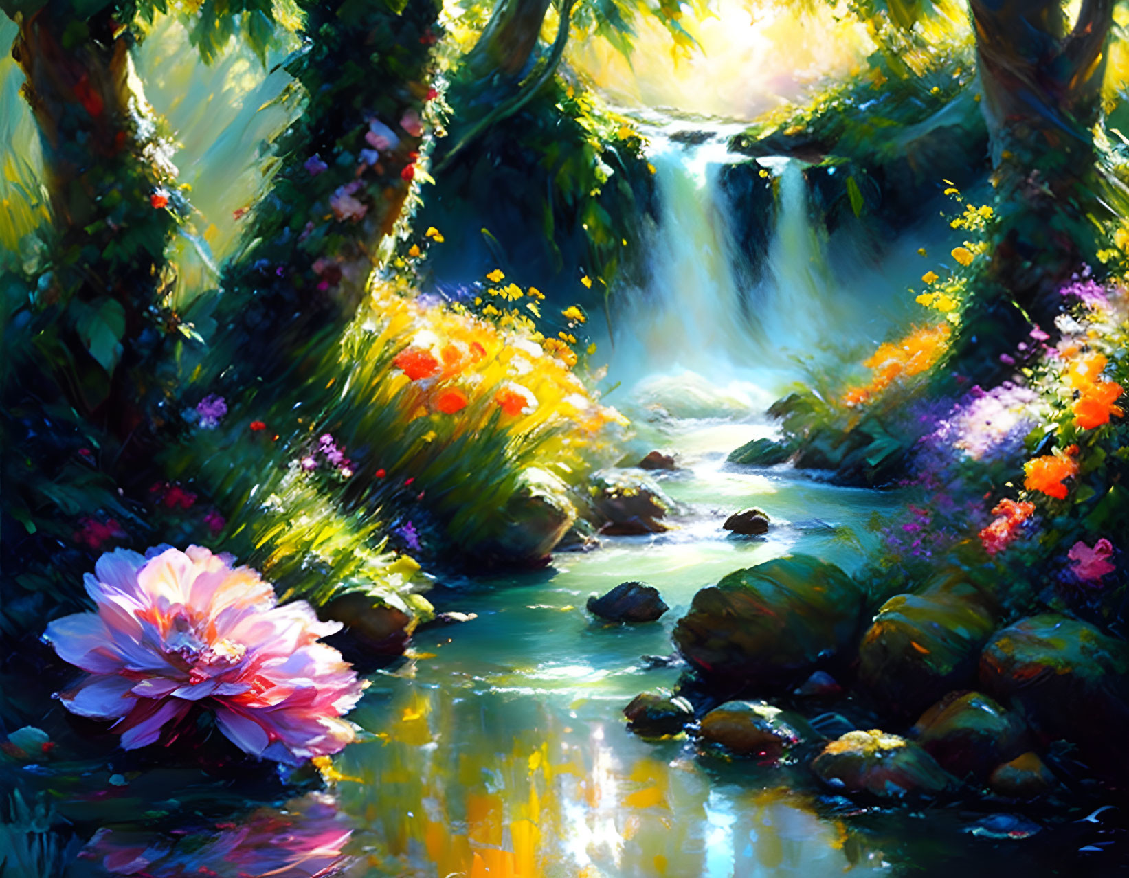 Colorful painting of serene woodland scene with waterfall and pink flower