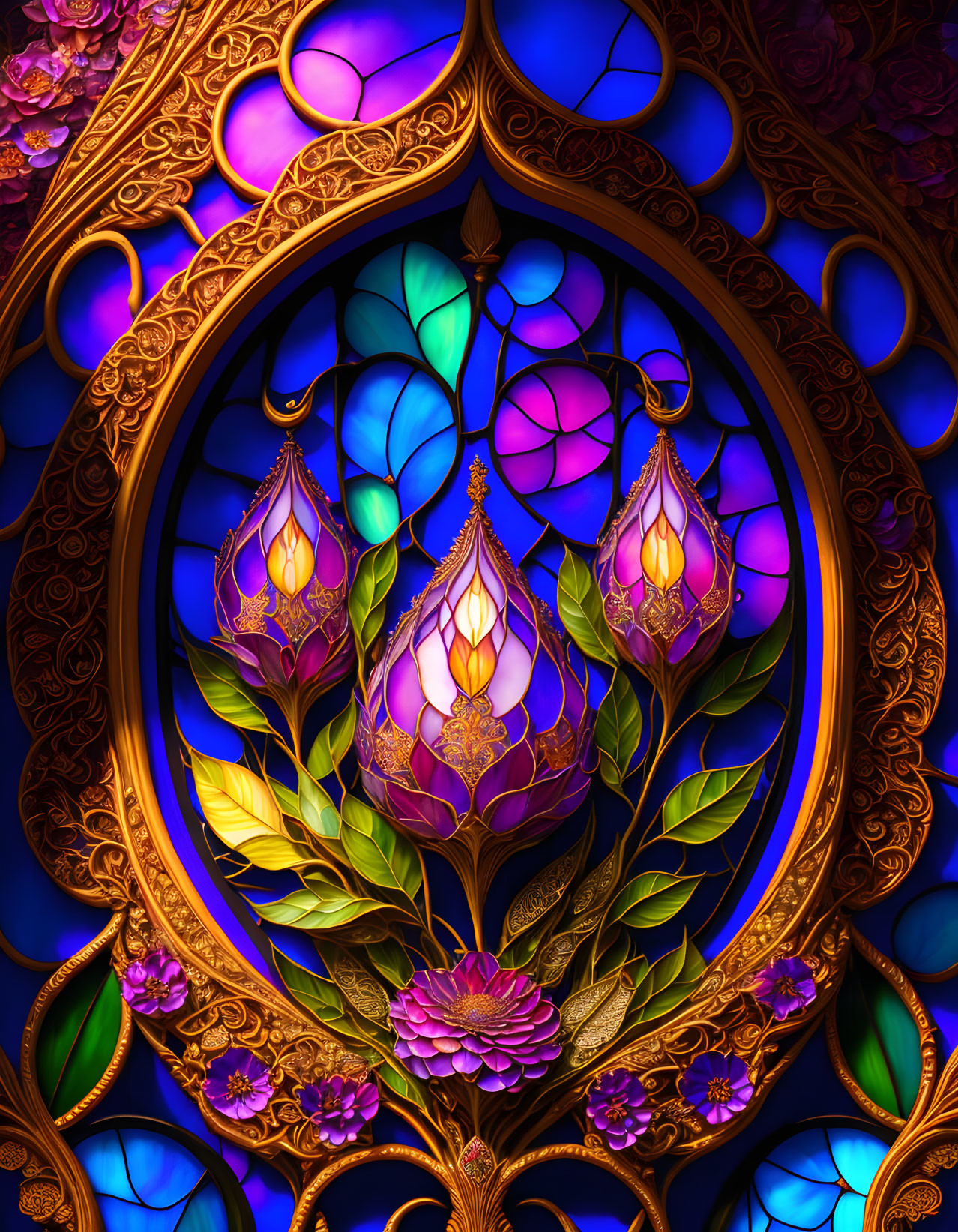 Elaborate floral stained glass art with jewel-toned colors