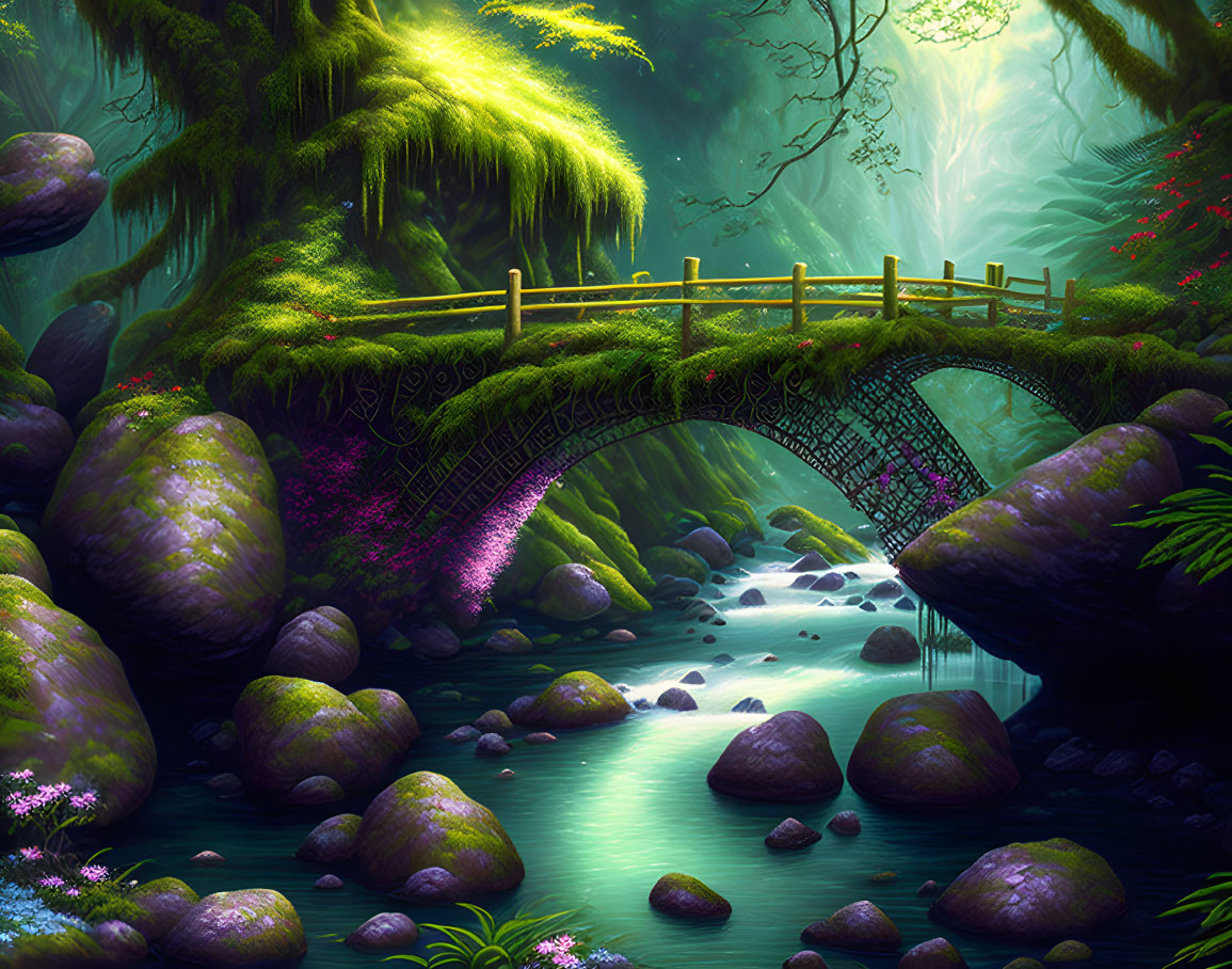 Tranquil forest scene with small bridge over stream surrounded by lush greenery, hanging moss, and