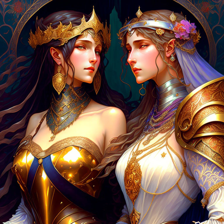 Ethereal Women with Golden Crowns in Colorful Fantasy Setting