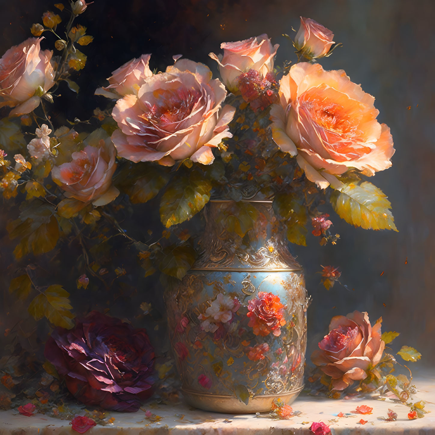 Detailed still life painting of lush roses in a textured vase with soft lighting