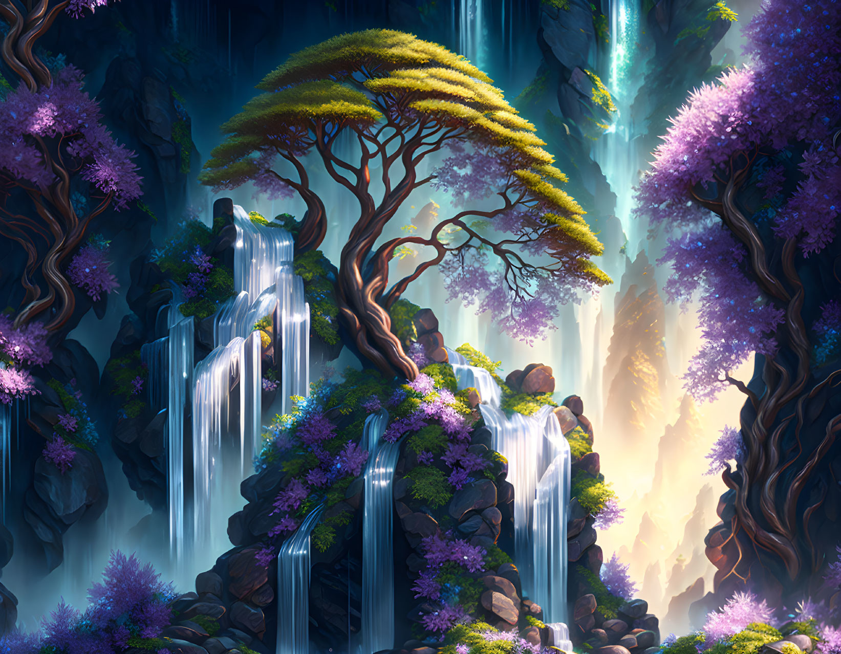 Fantasy landscape with waterfalls, golden tree, purple foliage, and ethereal lighting