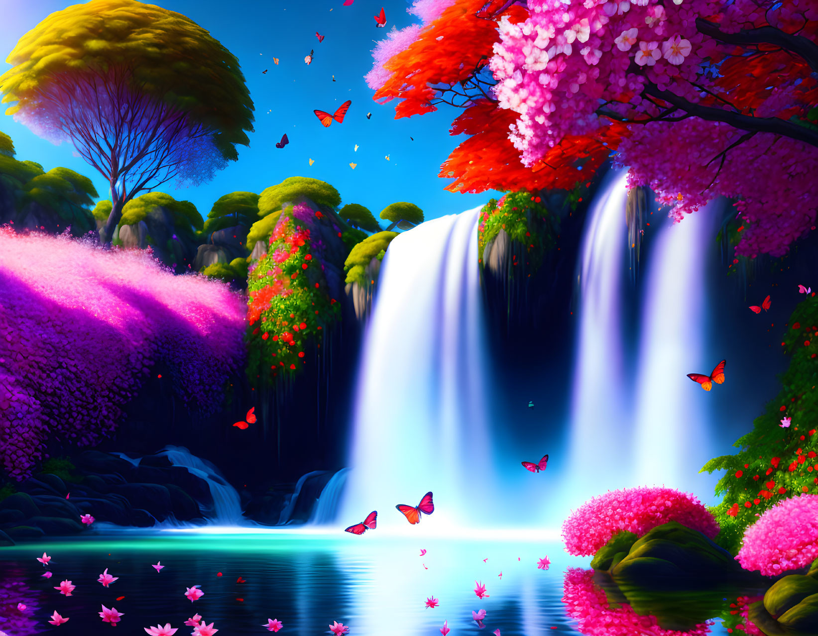 Serene waterfall digital artwork with colorful nature scene