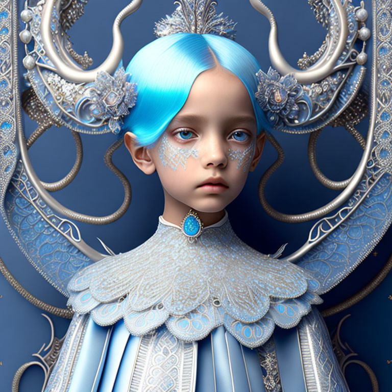 Child with Blue Hair and Silver Adornments in Digital Art