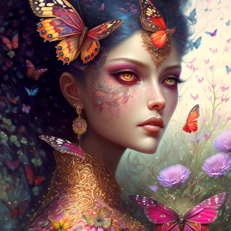 Fantasy portrait of woman with butterfly hair and elaborate body art among whimsical flowers