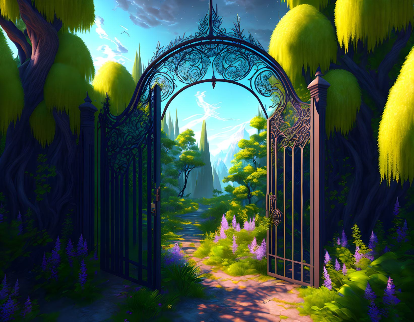 Ornate open gate to mystical forest with glowing trees and ethereal mountain