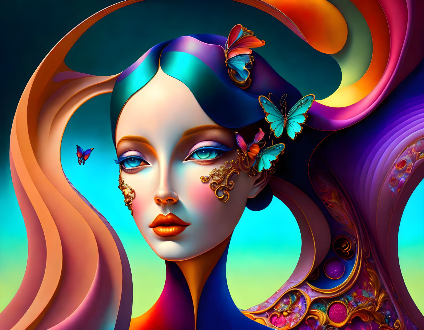 Colorful digital artwork of woman with multicolored hair and butterflies on swirling backdrop