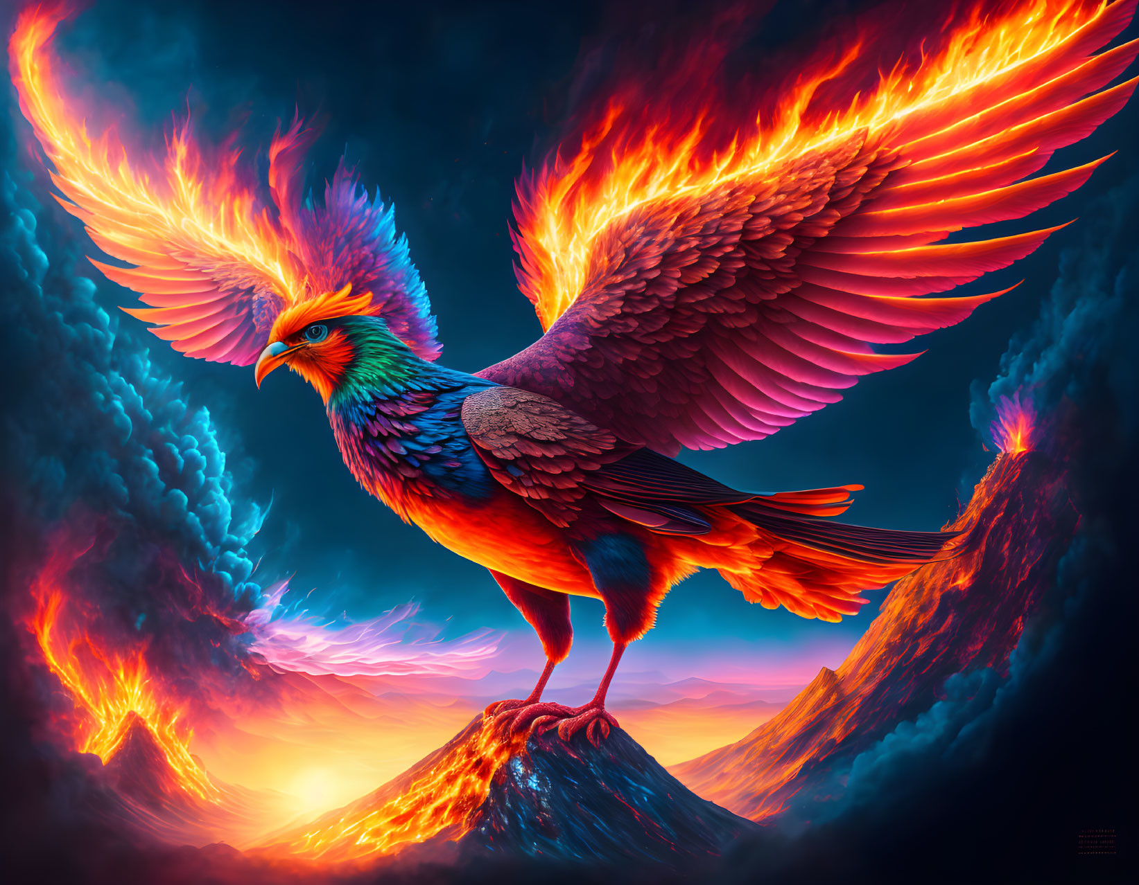 Digital artwork: Phoenix with fiery wings on rock, dramatic sky with volcanic eruptions.