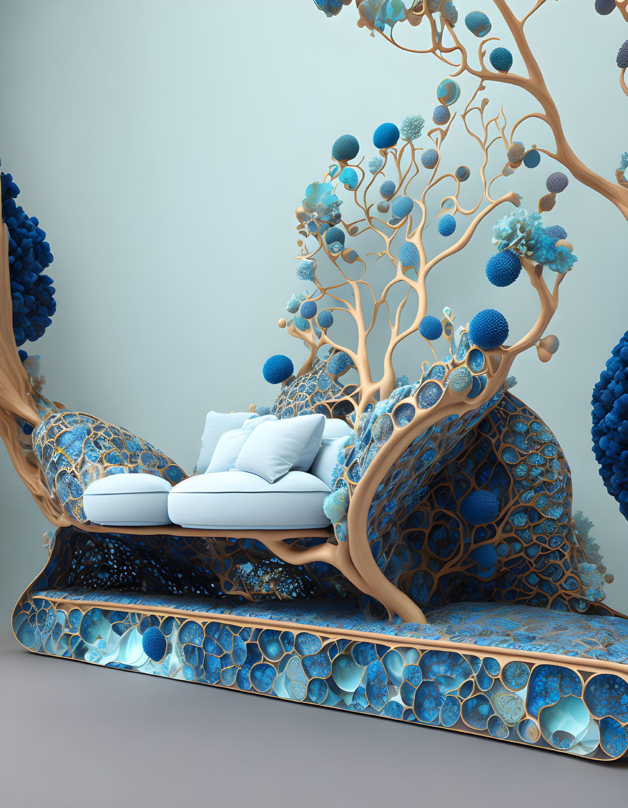 Surreal interior with tree-inspired structure in blues and oranges