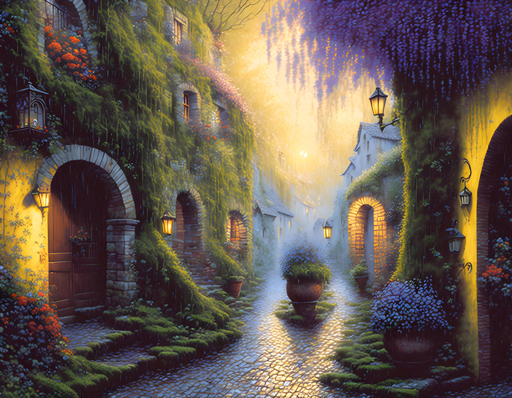 Picturesque cobblestone alley with flowers, plants, and warm lights at twilight