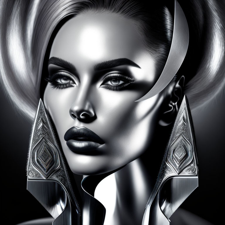 Monochromatic image of woman with bold makeup and metallic shoulder accessories