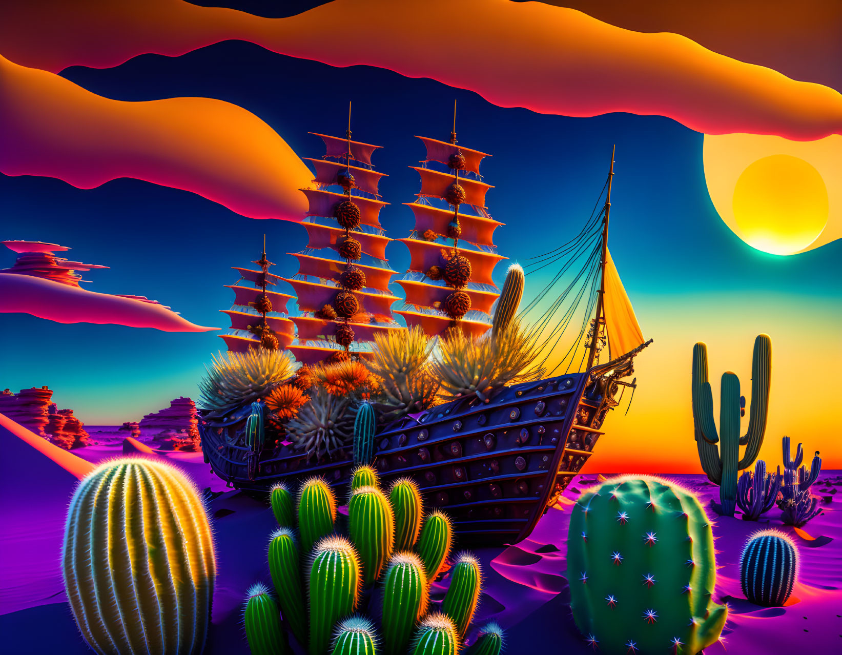 Surreal desert landscape with classic ship, cacti, and oversized sun