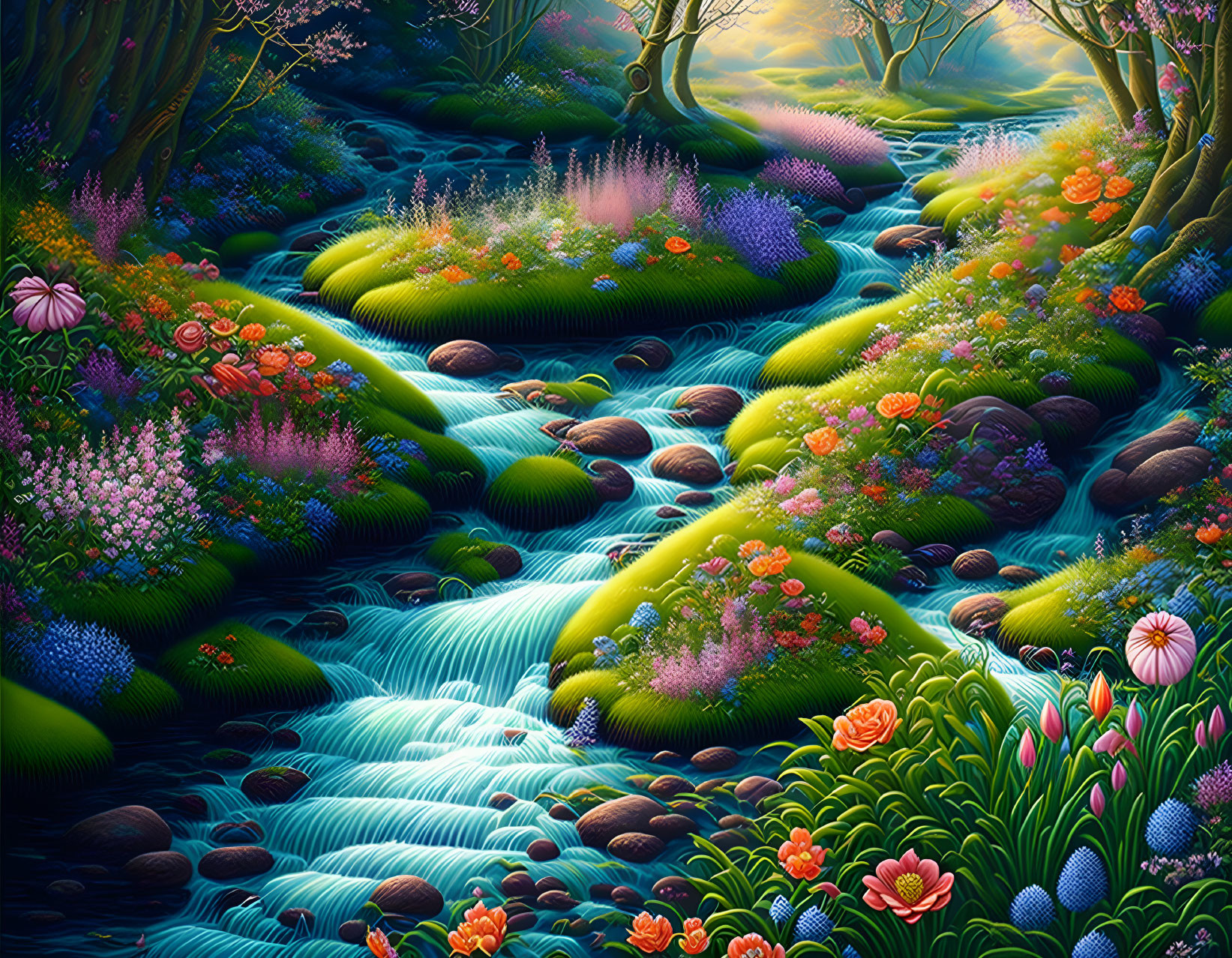 Colorful Landscape with Stream, Stepping Stones & Twilight Flowers