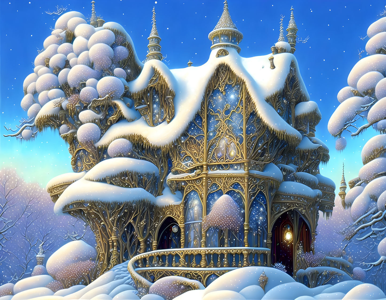 Golden fantasy house with snow-covered roofs under starry night sky