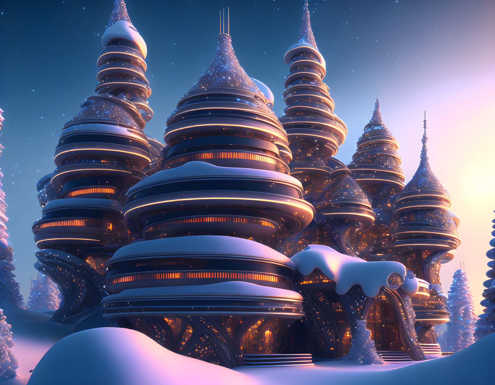 Snow-covered cityscape with futuristic cone-shaped buildings at twilight