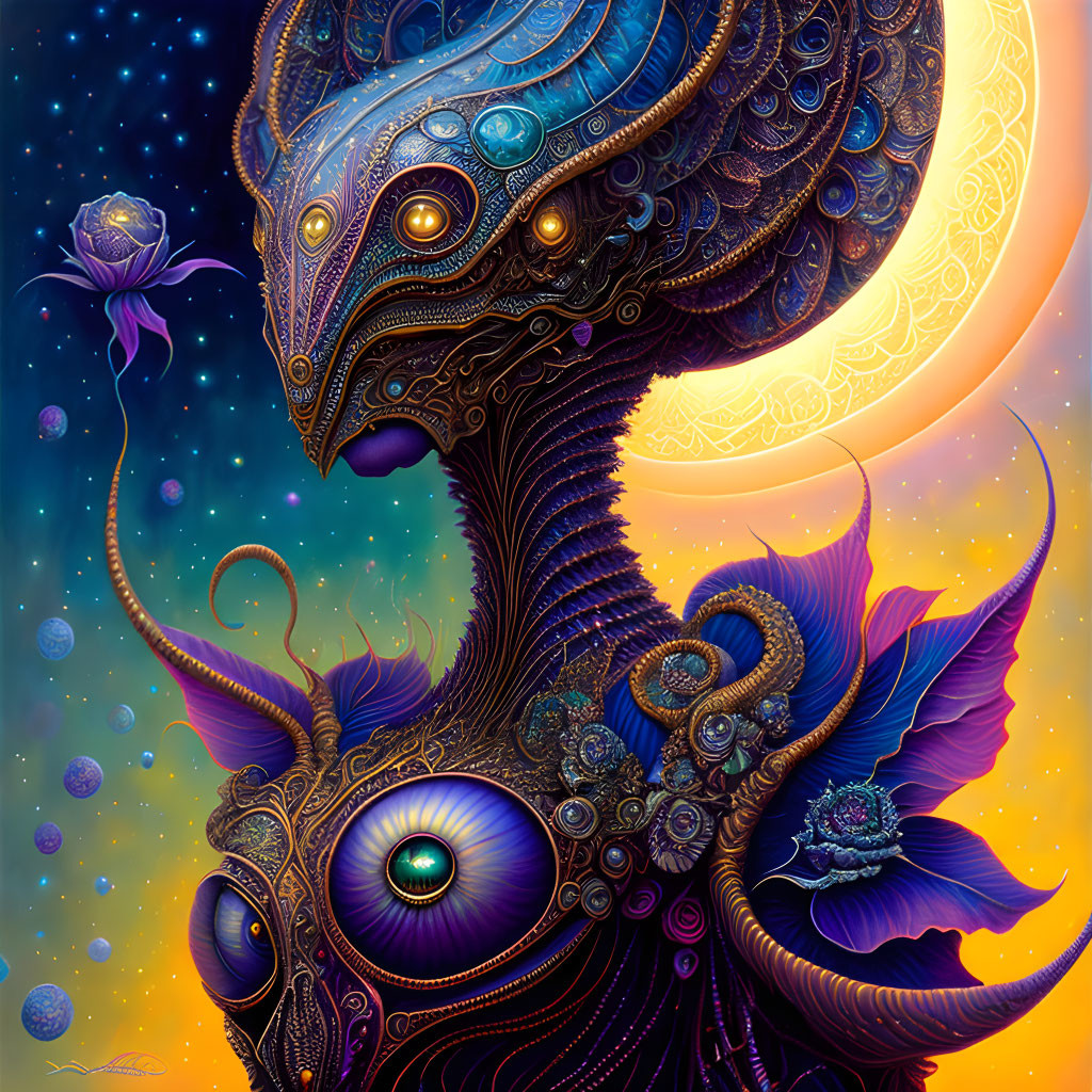 Colorful creature with large eye in starry sky backdrop, blending organic and mechanical elements.