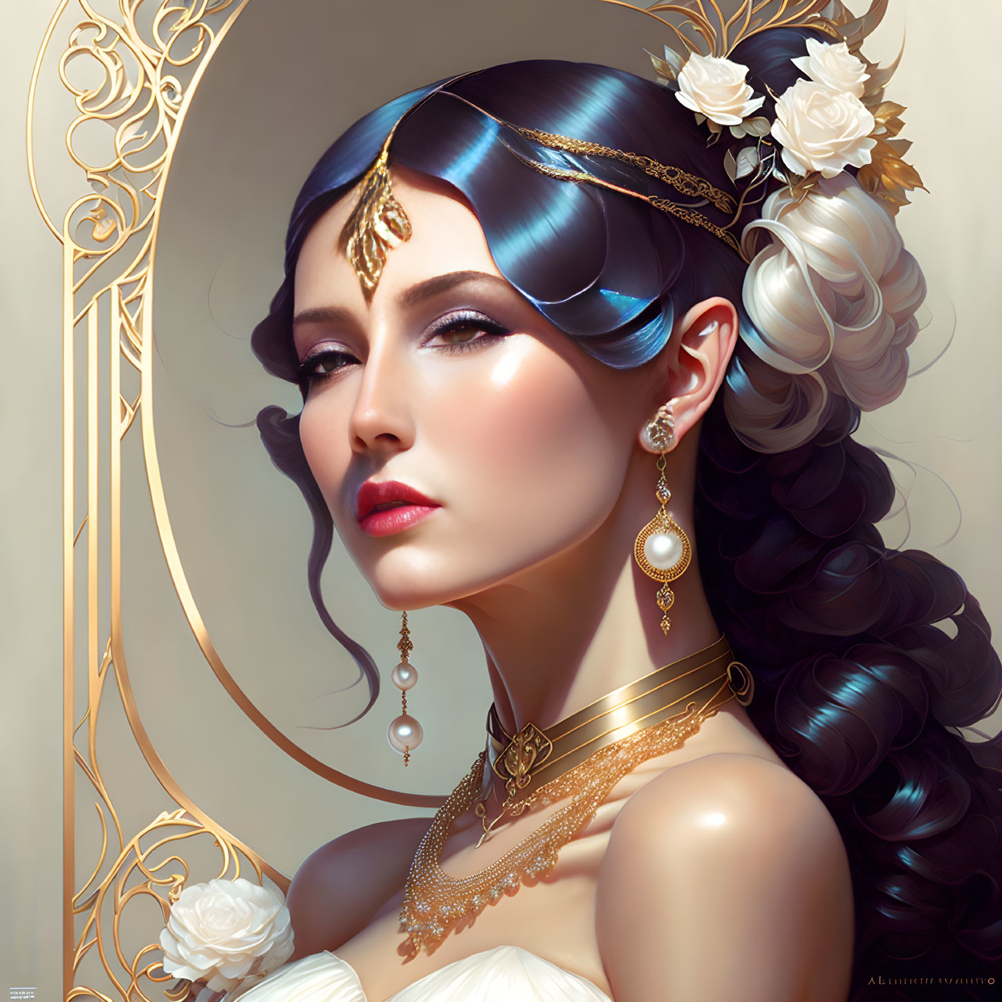 Portrait of a woman with gold jewelry, pearl headpiece, and black curled hair in golden frame