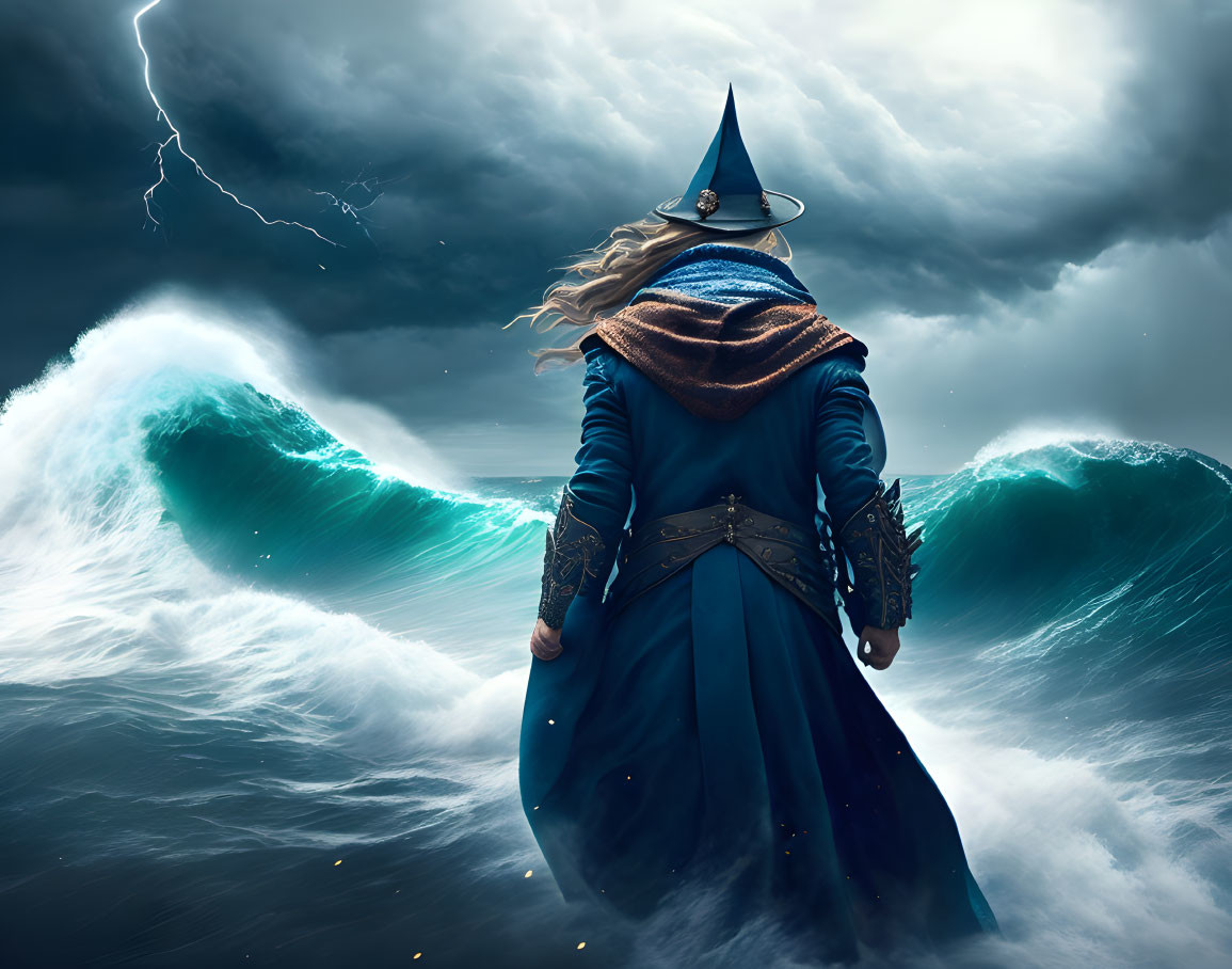 Wizard in Blue Cloak Confronts Stormy Seas and Lightning