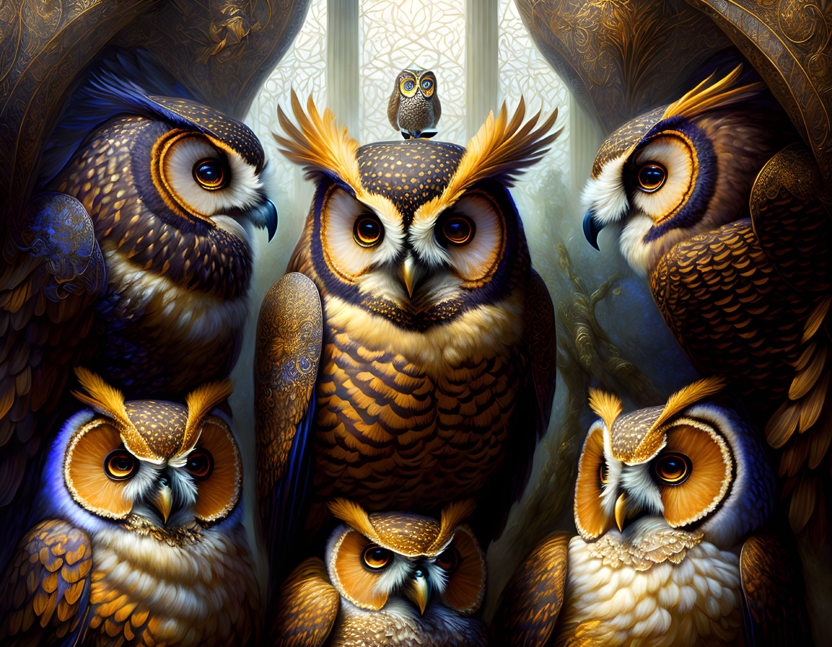 Six ornately detailed stylized owls in mystical setting with golden filigree