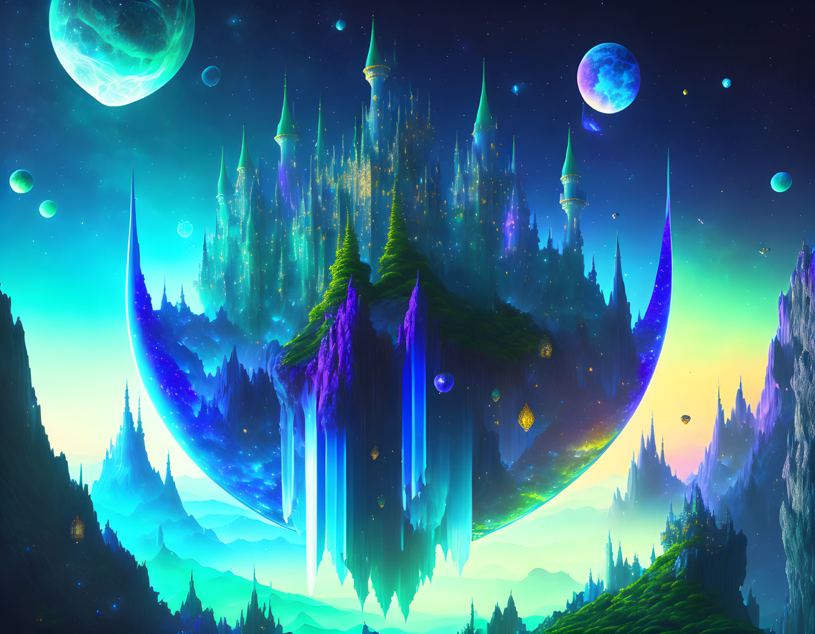 Floating Island with Crystal Spires in Starry Sky and Celestial Bodies