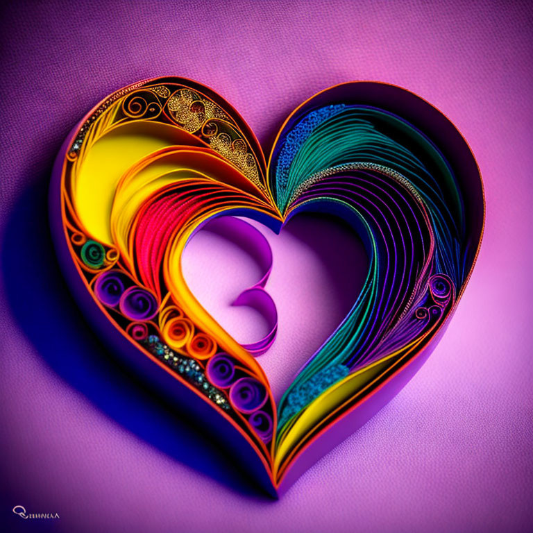 Colorful Heart-Shaped Paper Art on Purple Background