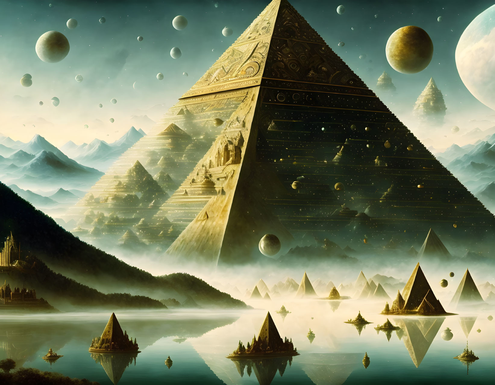 Surreal landscape with pyramids, mountains, and celestial bodies