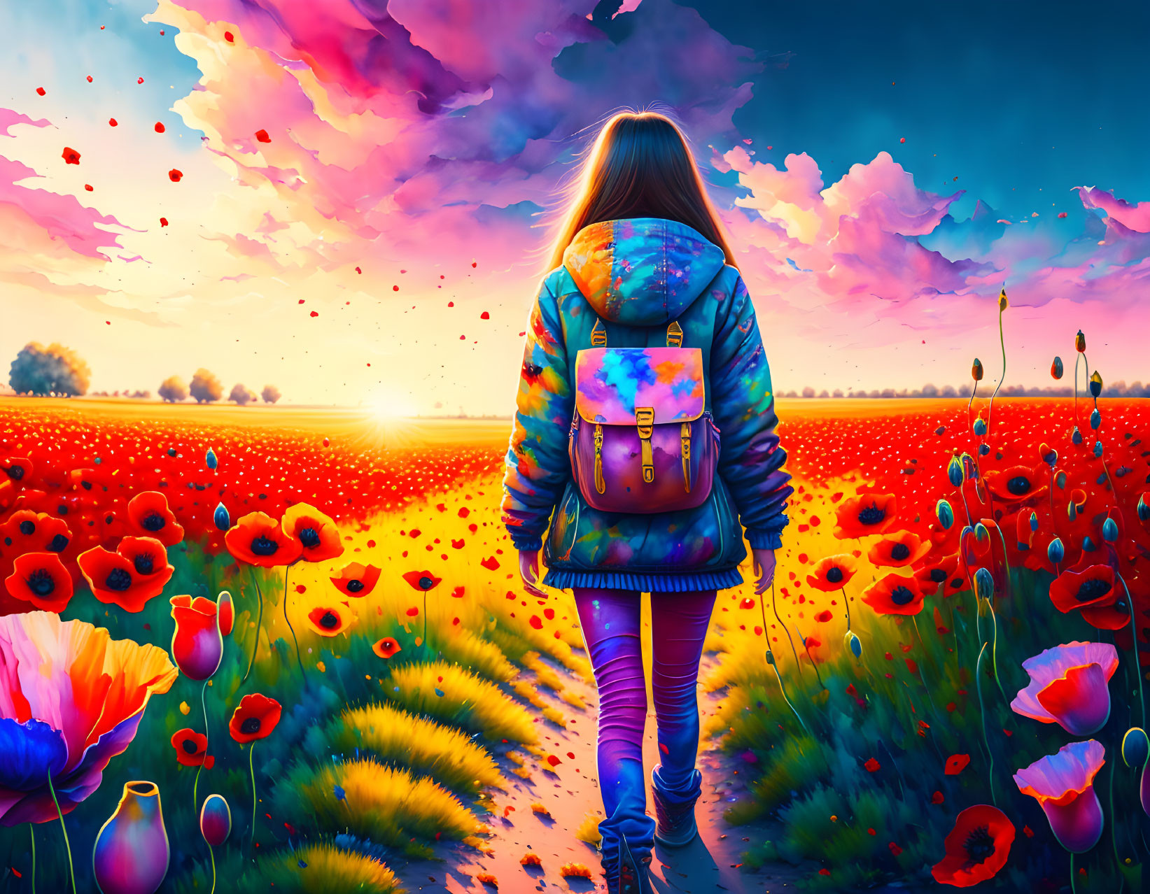 Person walking through vibrant poppy field at sunset with colorful clouds