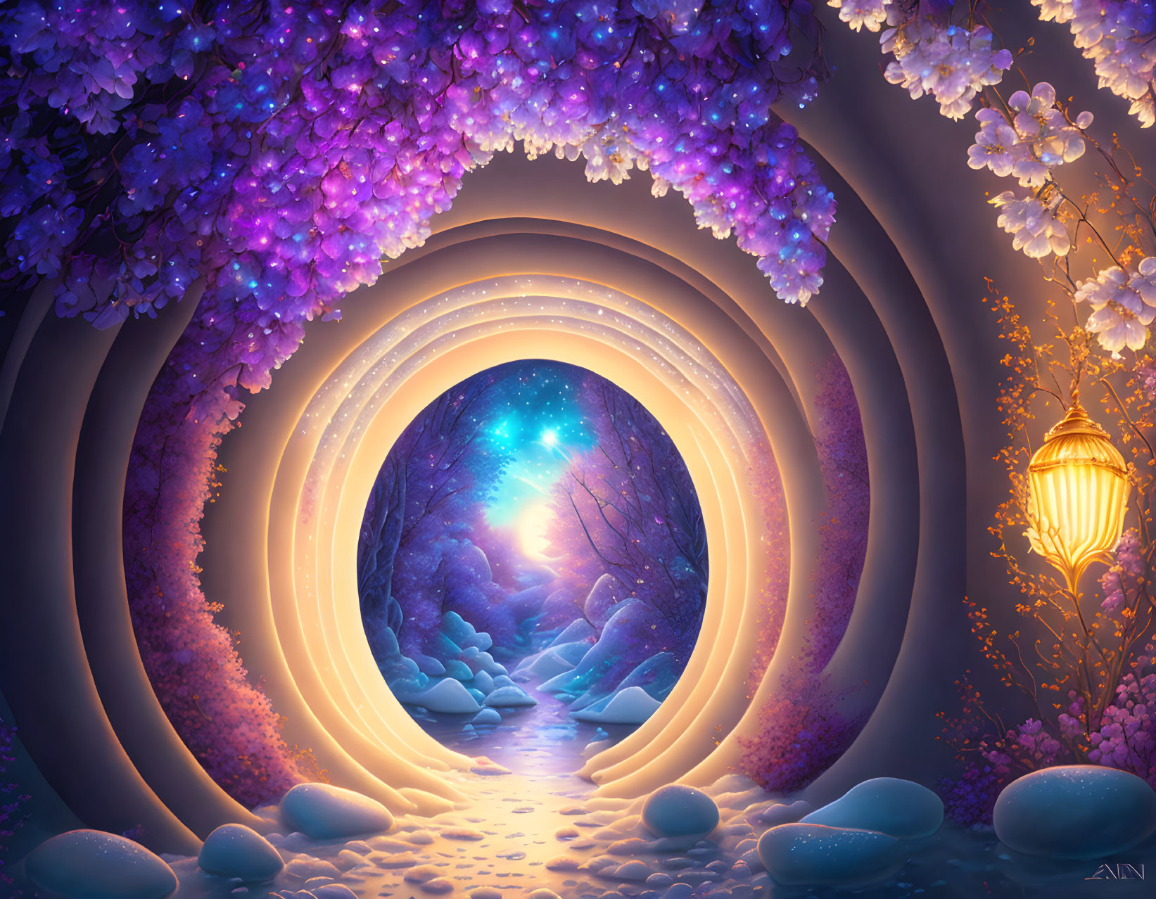 Fantastical portal with starlit arches, purple trees, and glowing lantern