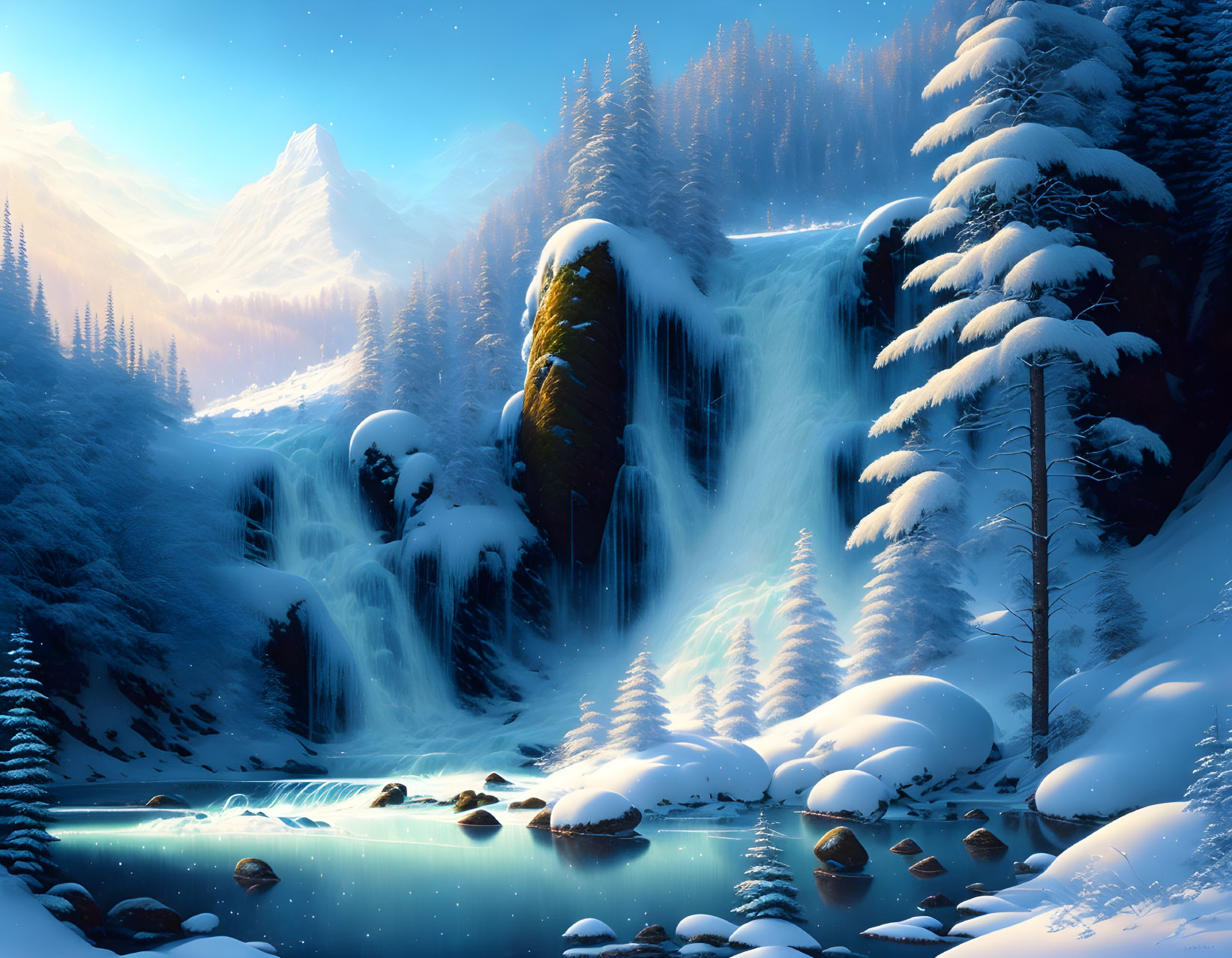 Winter Landscape: Waterfall, Snowy Pines, Blue River