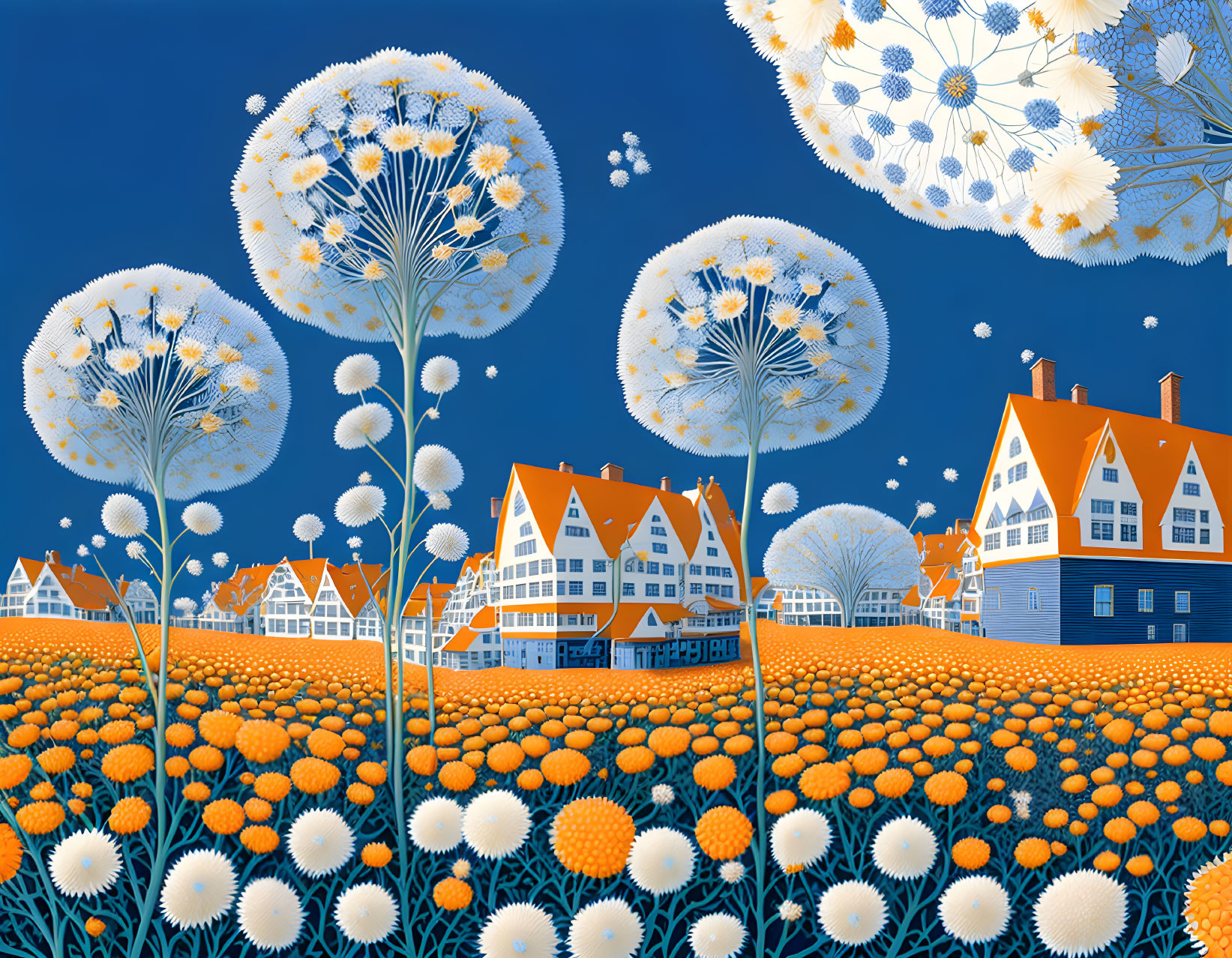 Vibrant village scene with orange-roofed houses and dandelions in field