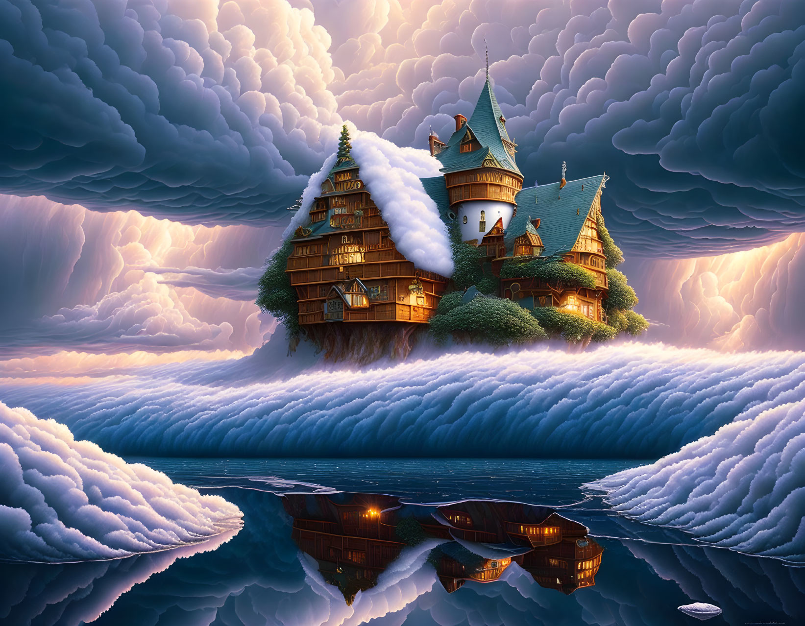 Whimsical house on fluffy cloud above water with stormy backdrop