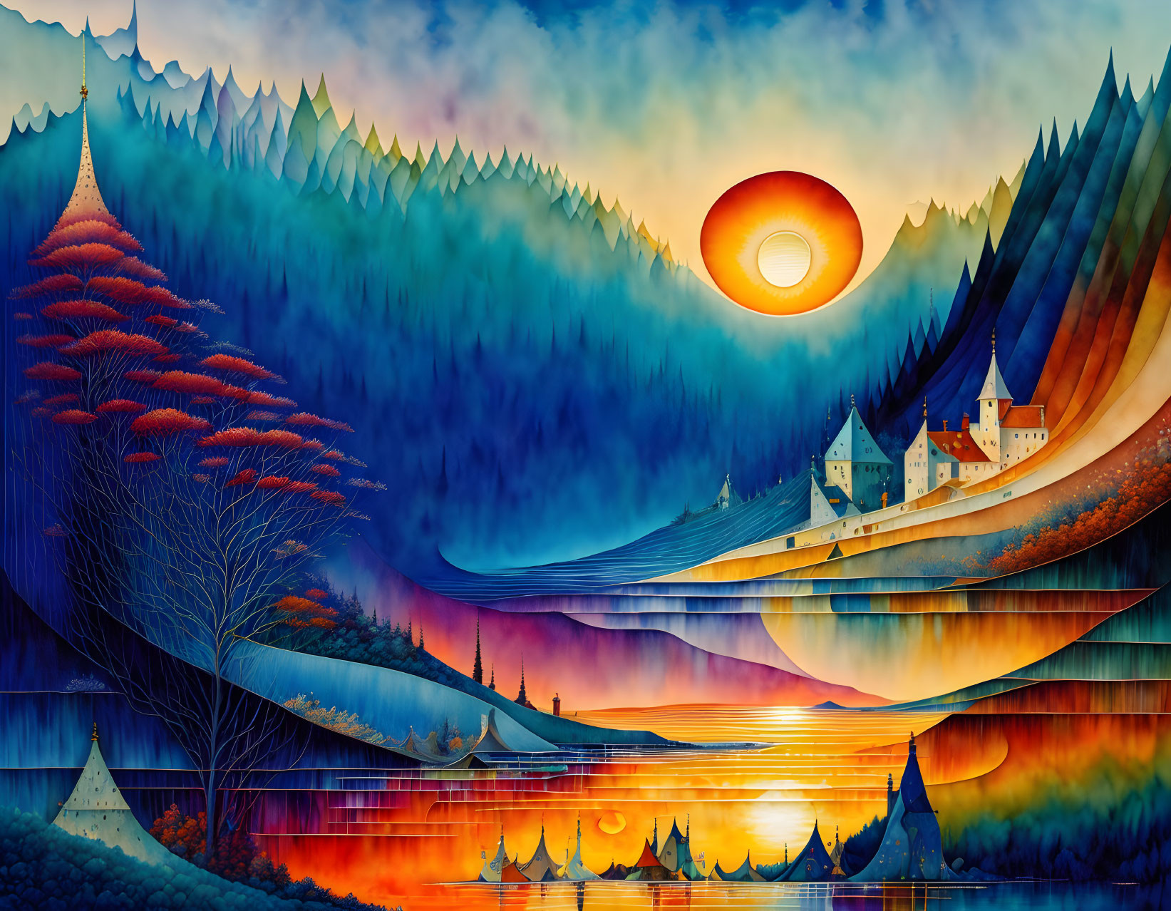 Colorful fantasy landscape with sunset, reflective lake, sailing boats, whimsical trees, and stylized