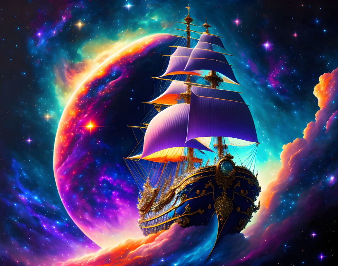 Fantastical ship with purple sails in cosmic seascape.