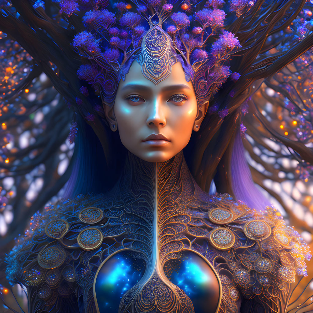 Fantasy-themed digital art portrait of a woman with cosmic elements and ornate tree-like structures.