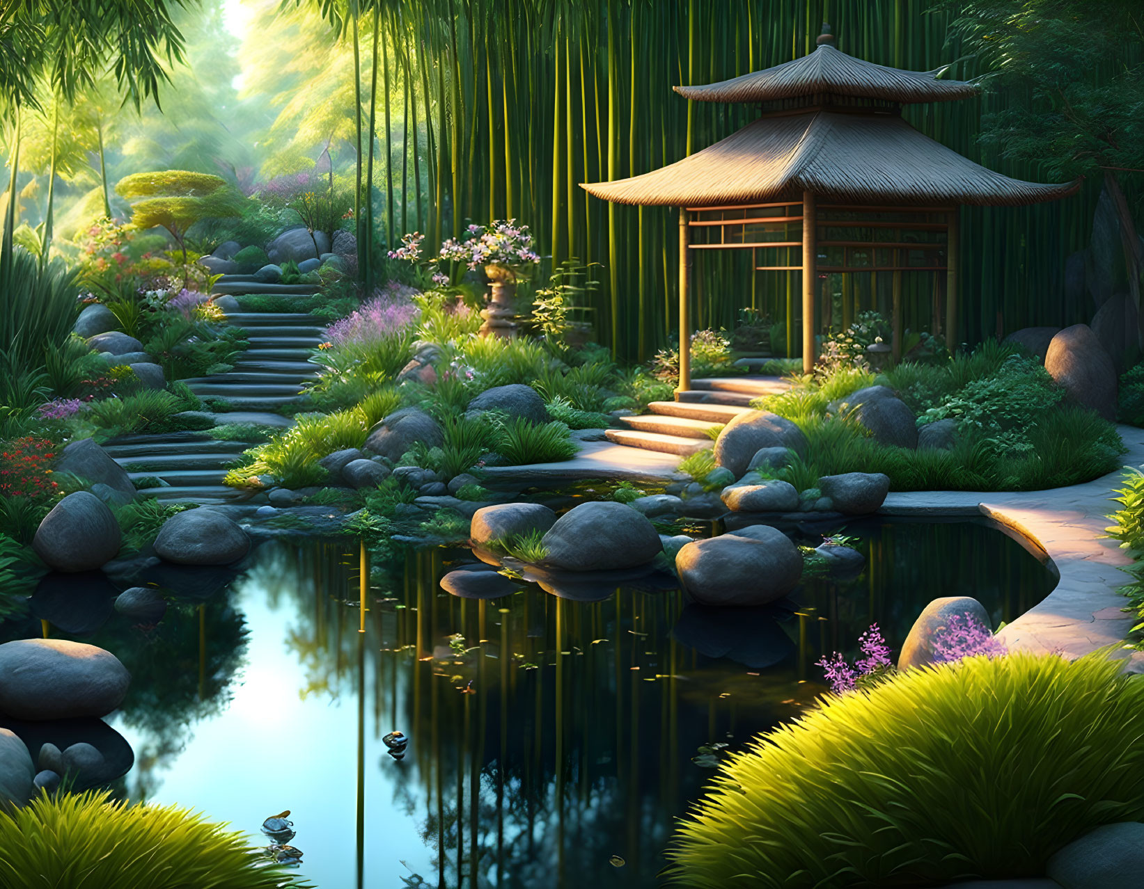 Serene garden scene with pond, pavilion, bamboo, and stepping stones