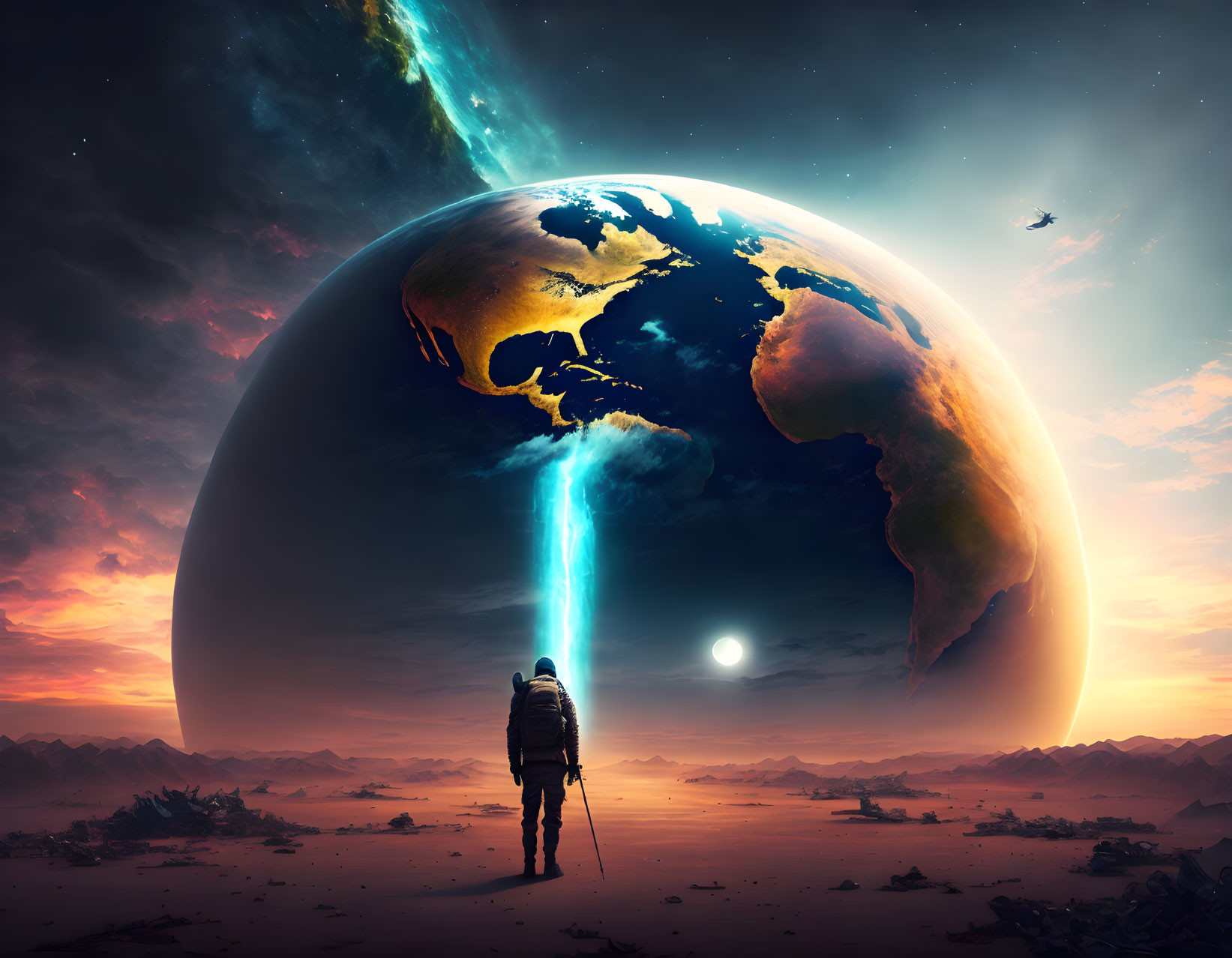 Person standing on barren landscape under dramatic sunset sky with large planet and star.