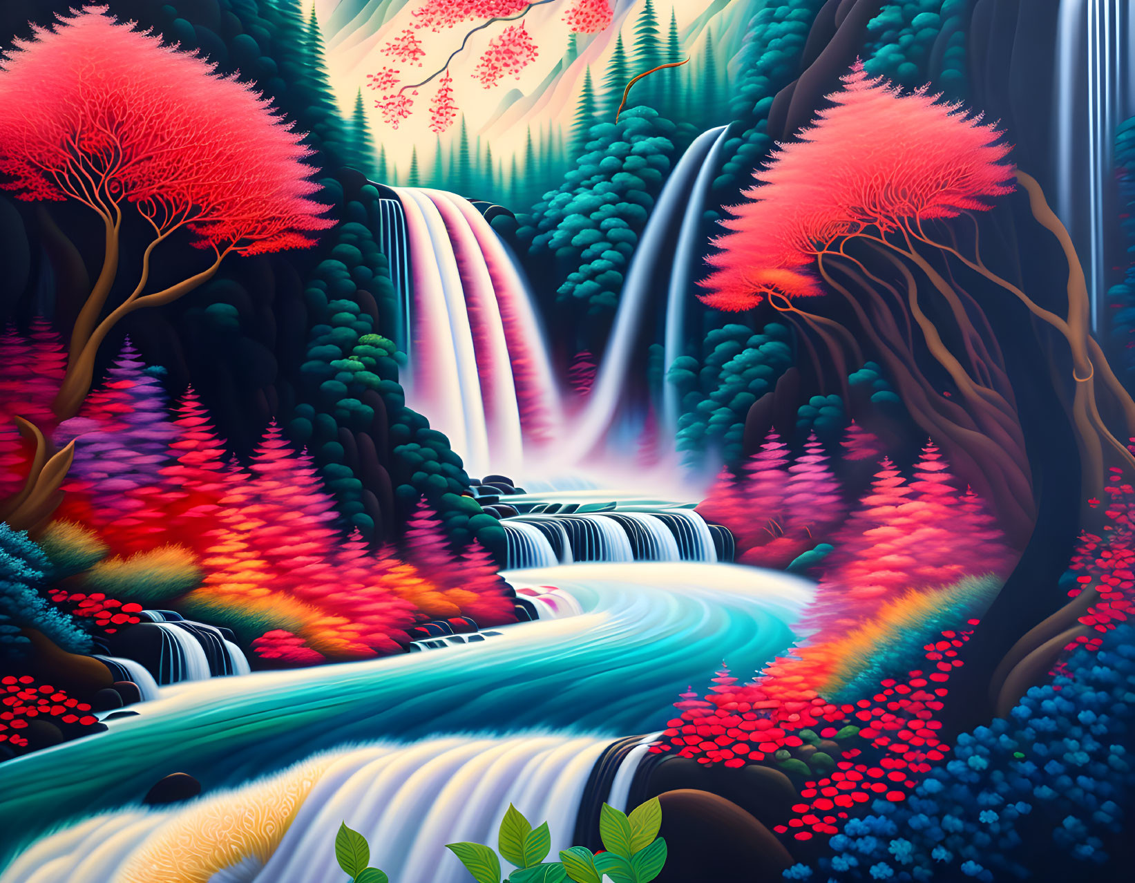 Colorful Fantasy Landscape with Waterfalls, River, and Unique Foliage