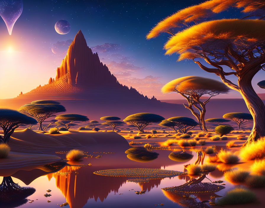 Vibrant orange flora, reflective waters, dunes, mountains in fantasy landscape