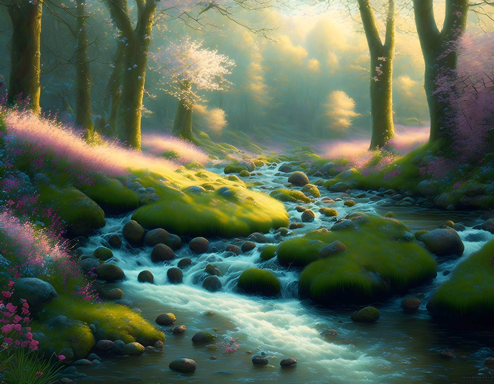 Serene forest landscape with sunbeams, moss-covered stream, and pink flowers