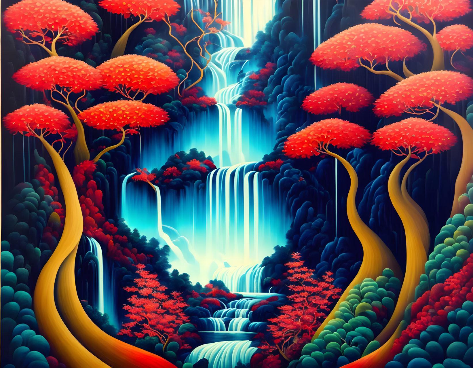 Colorful stylized artwork: waterfall in fantastical forest with red foliage