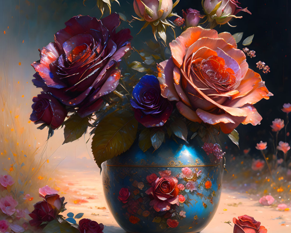 Colorful Rose Bouquet in Blue Vase on Moody Background