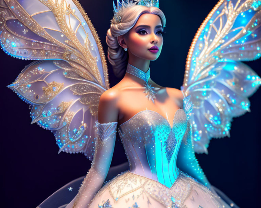 Regal fantasy figure in ornate gown with luminous butterfly wings