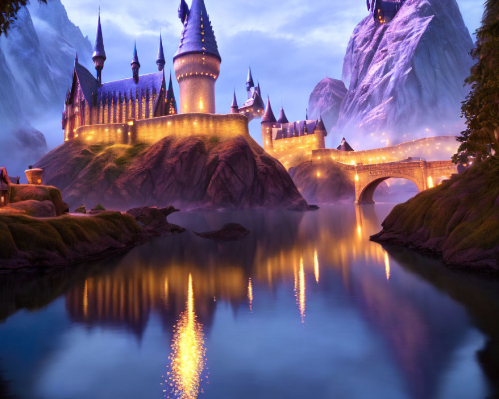 Majestic castle with illuminated spires reflected in twilight lake.