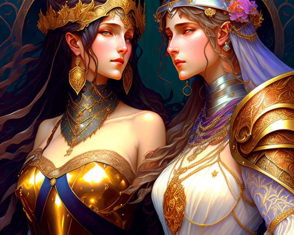 Ethereal Women with Golden Crowns in Colorful Fantasy Setting