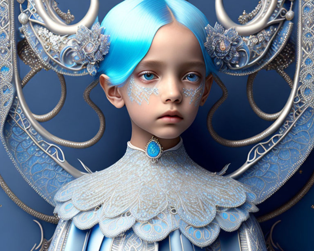 Child with Blue Hair and Silver Adornments in Digital Art